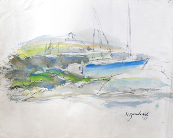 Moored in Blue - Casein-Wash/Black Pen #021