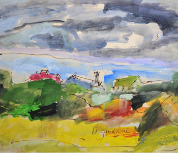 Golden Land/Grey Sky - Casein/Black Pen #028028