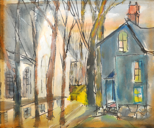 Teal House/Red Chimney - Casein Wash/Black Pen #042