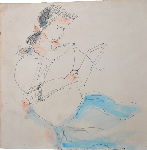 Mary Reading - Gasein Wash & Black Pen #068