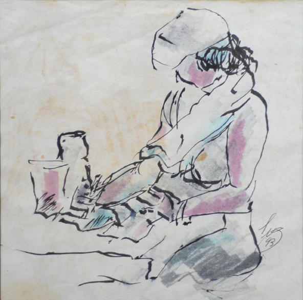 Girl in Scarf and Tam - Casein Wash & Black Pen #075